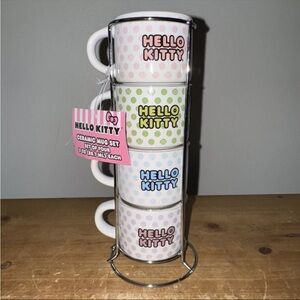 Sanrio Hello Kitty Polka Dots 4pc Stackable Ceramic Espresso Small Cup Set NWT